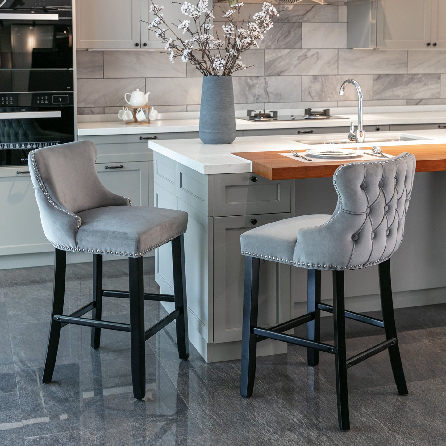 Contemporary Velvet Upholstered Wing-Back Barstools With Button Tufted Decoration And Wooden Legs, And Chrome Nailhead Trim, Leisure Style Bar Chairs, Bar Stools (Set of 4) - Gray