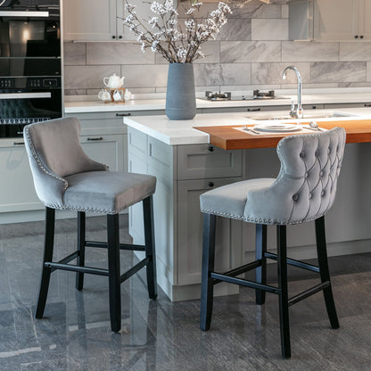Contemporary Velvet Upholstered Wing-Back Barstools With Button Tufted Decoration And Wooden Legs, And Chrome Nailhead Trim, Leisure Style Bar Chairs, Bar Stools (Set of 4) - Gray
