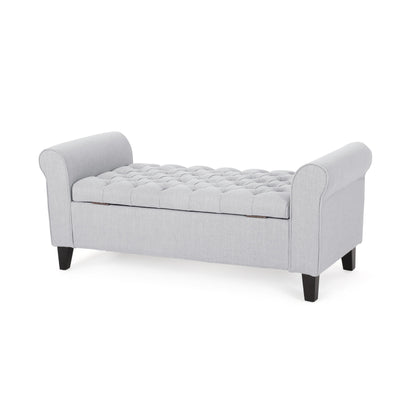 Hayes - Contemporary Armed Storage Bench With Button Tufting And Rolled Arms - Light Gray