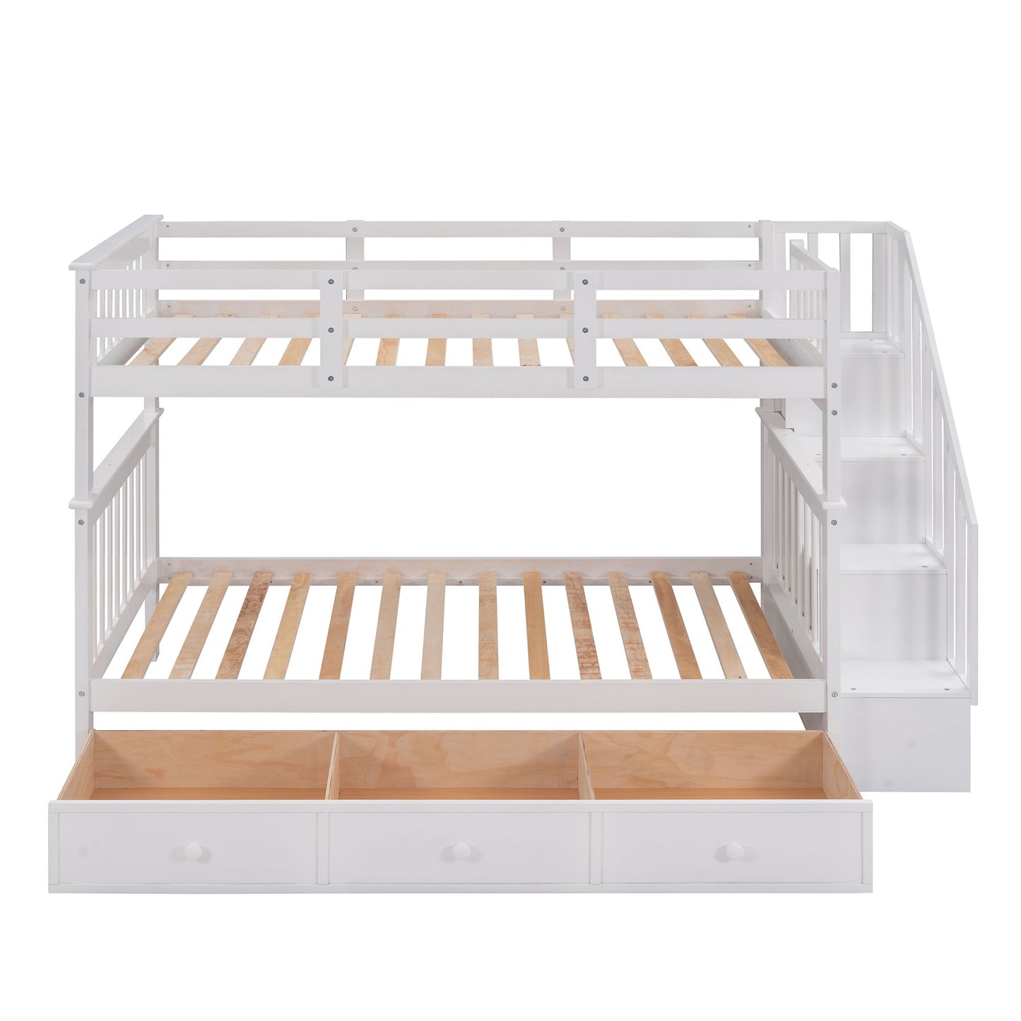 Twin Over Twin Stairway Bunk Bed With Three Drawers For Bedroom - White