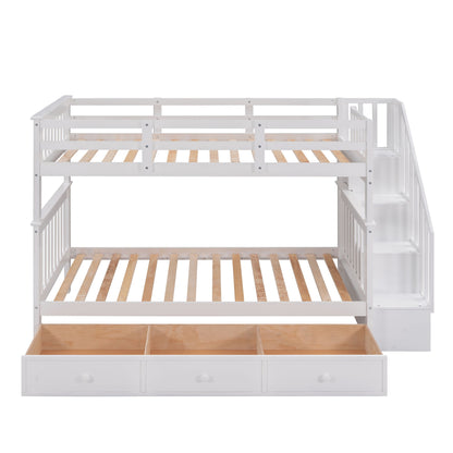 Twin Over Twin Stairway Bunk Bed With Three Drawers For Bedroom - White
