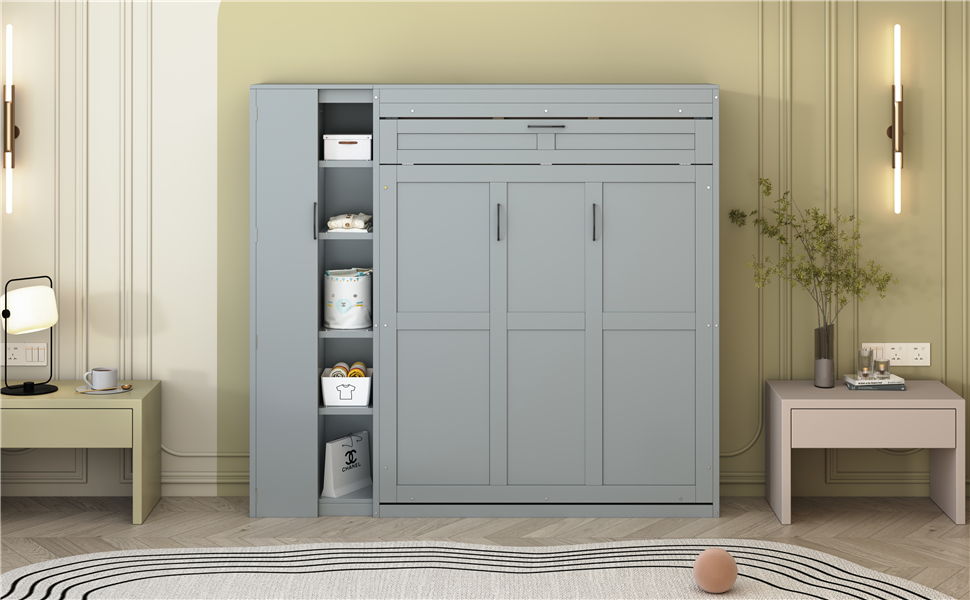 Full Size Murphy Wall Bed With Shelves, Wardrobe And LED Lights - Gray