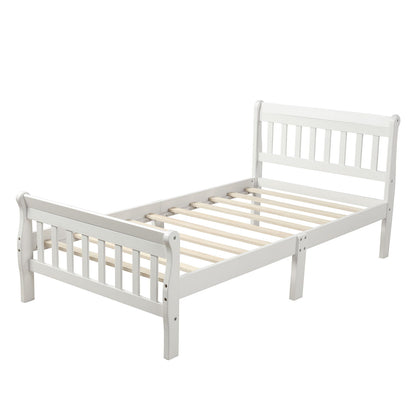 Twin Platform Bed, Mattress Foundation Sleigh Bed With Headboard, Footboard, Slat Support - White