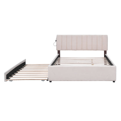 Queen Size Upholstered Platform Bed With Twin Long Trundle - Beige