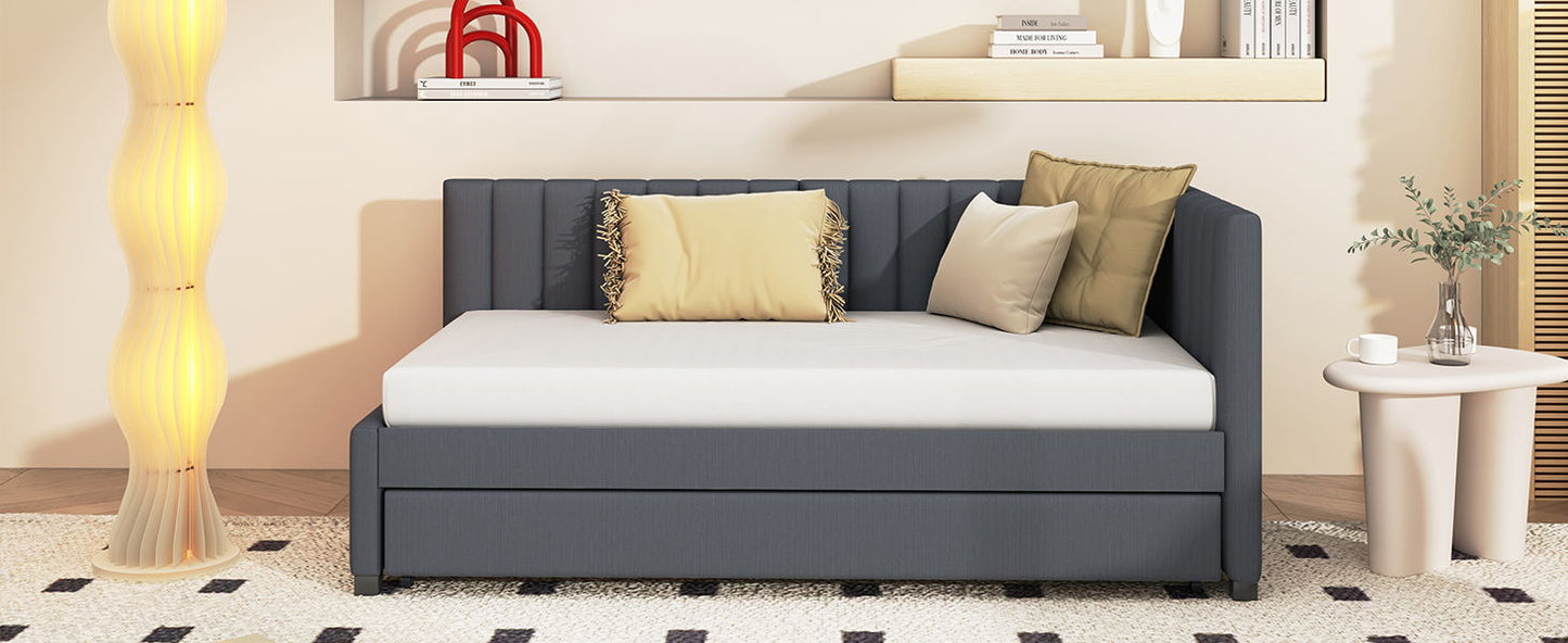 Upholstered Daybed With Trundle Twin Size Sofa Bed Frame No Box Spring Needed, Linen - Gray