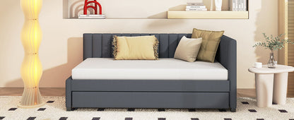 Upholstered Daybed With Trundle Twin Size Sofa Bed Frame No Box Spring Needed, Linen - Gray