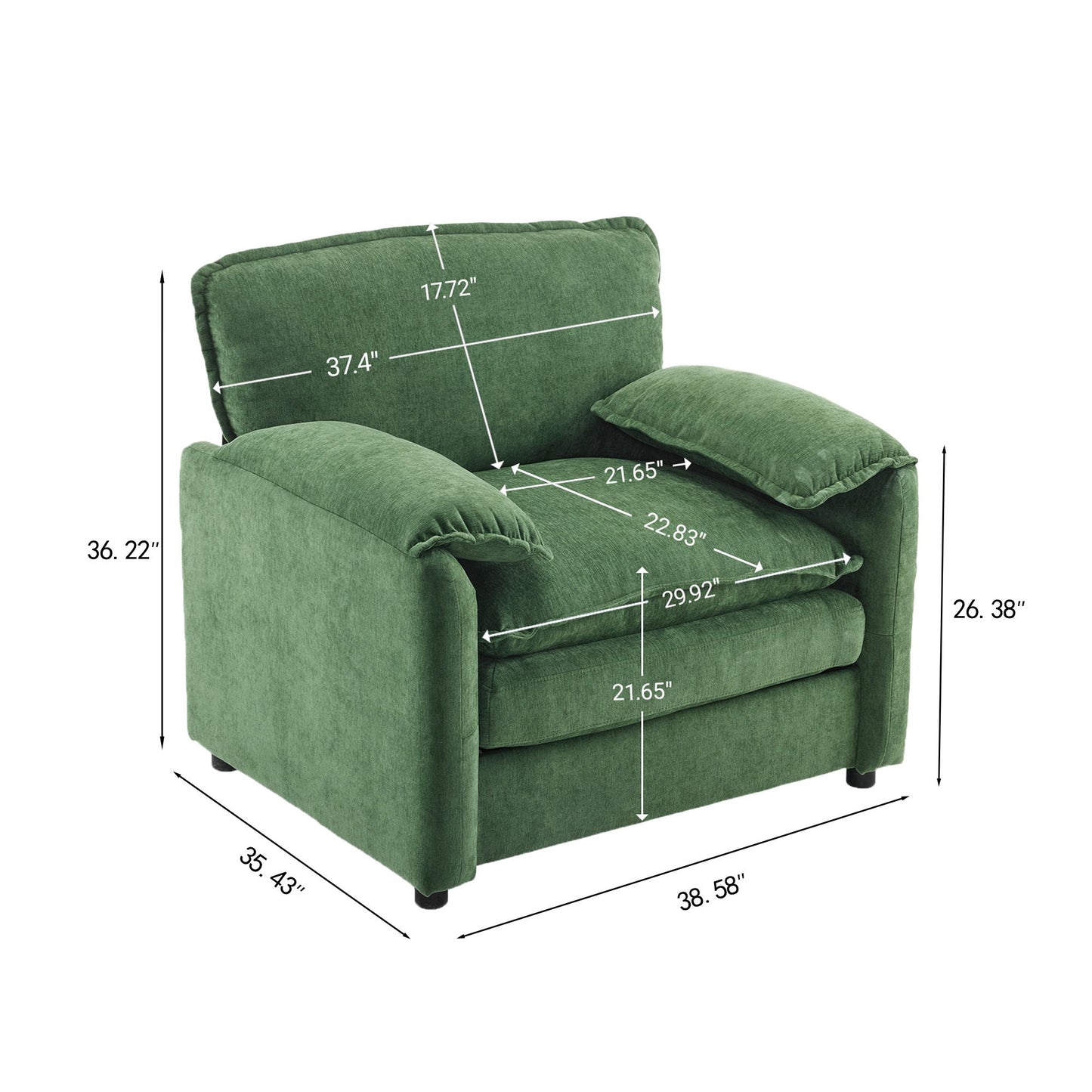 Oversized Reading Armchair With Thick Cushions, High Back Support - Green