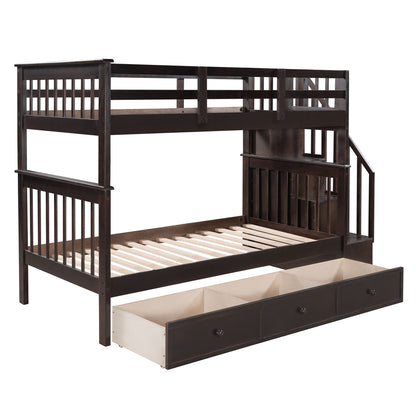 Stairway Twin Over Twin Bunk Bed With Three Drawers For Bedroom - Espresso