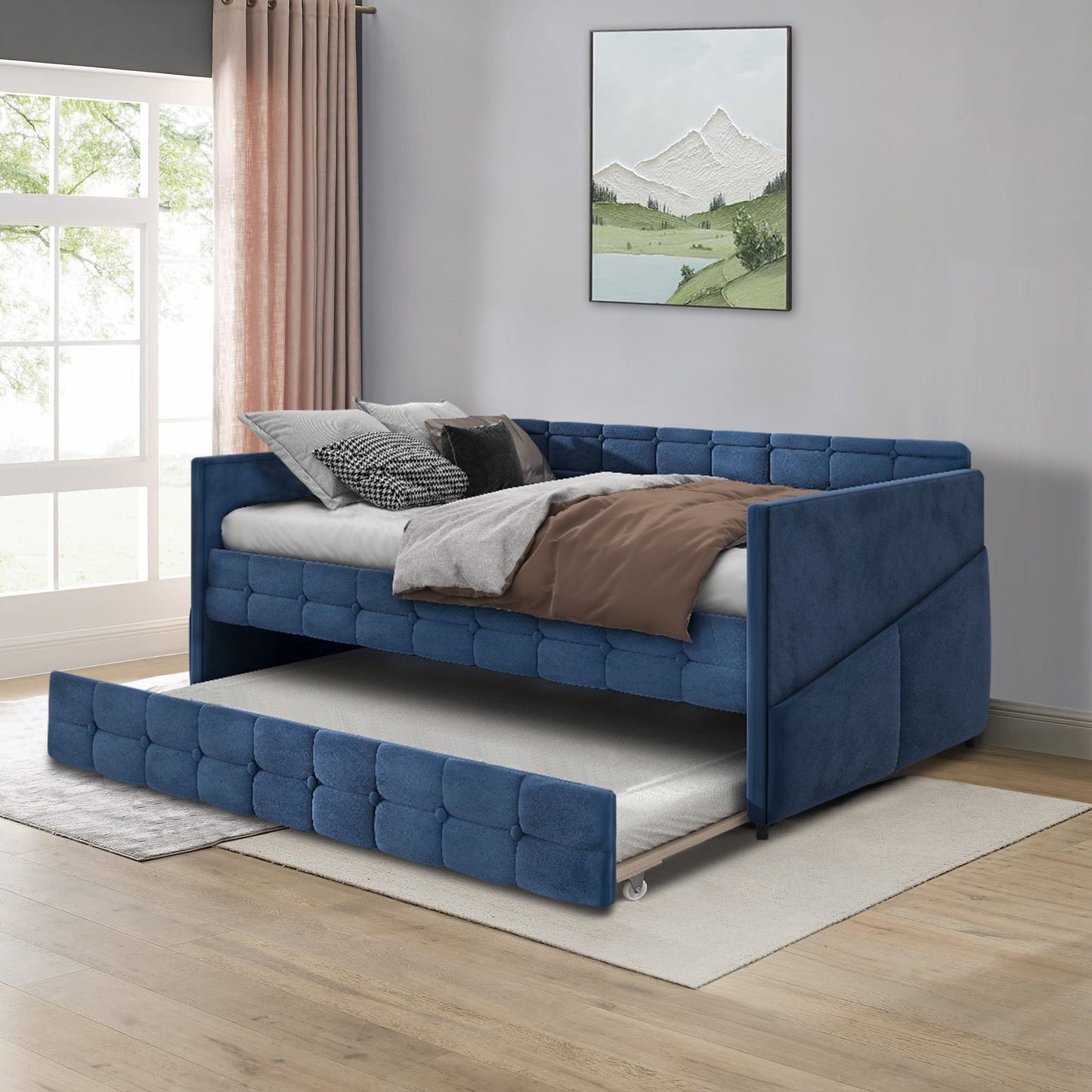 Upholstered Twin Size Daybed With Trundle, Velvet Fabric, No Box Spring Required, Comfortable And Simple Design Models - Blue
