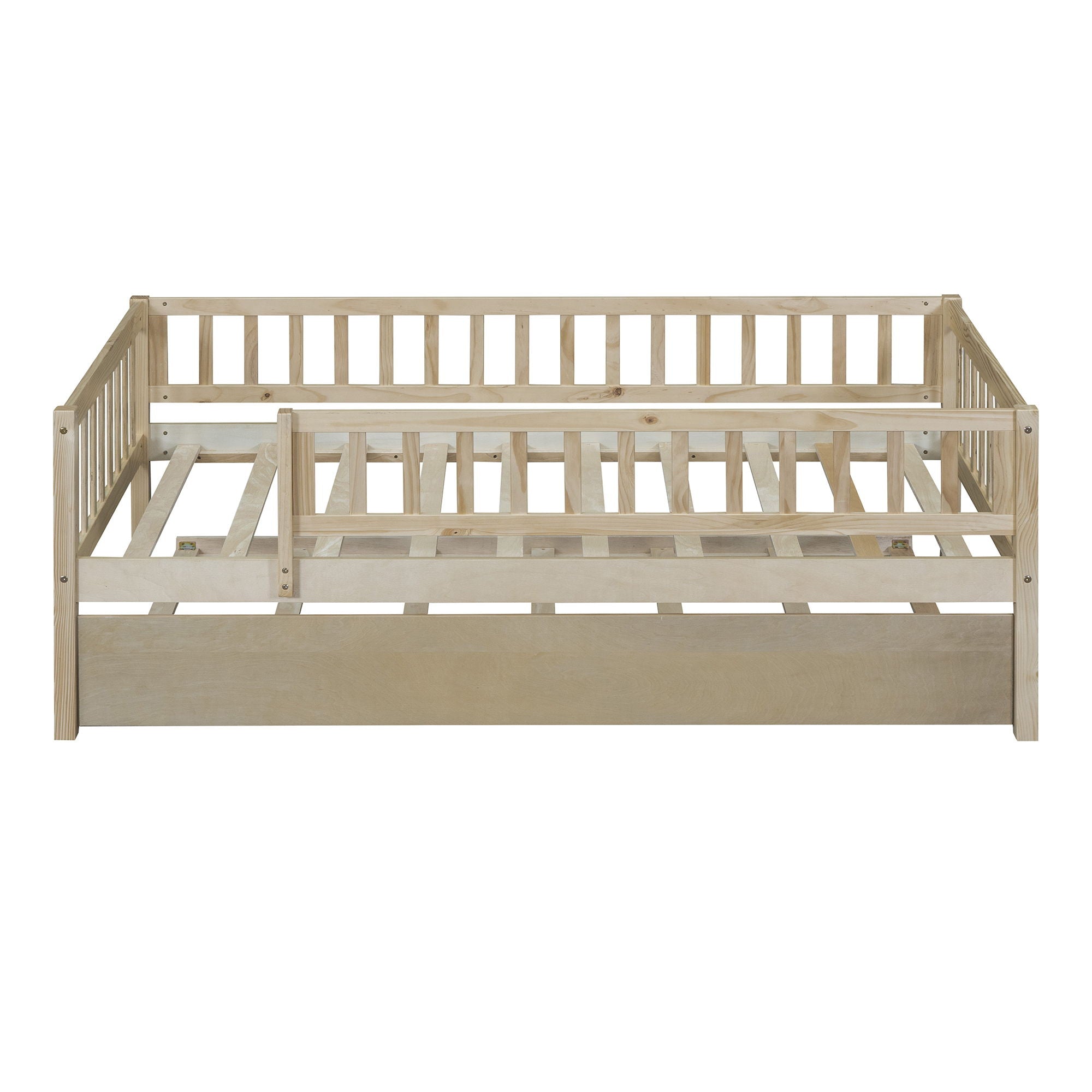 Twin Size Daybed With Trundle And Fence Guardrails - Natural