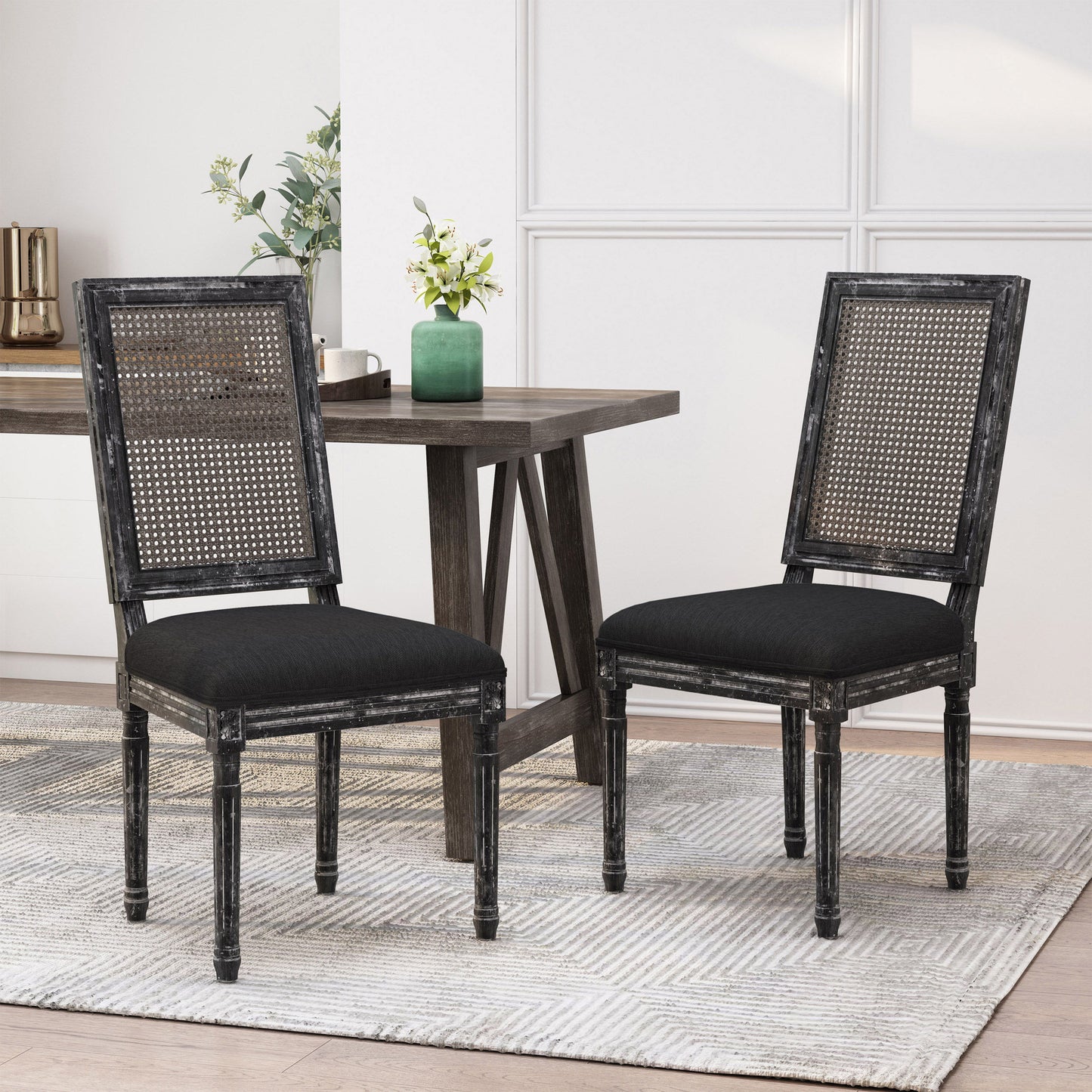 French Country Inspired Dining Chair Set With Cane Backrest - Distressed Light Brown