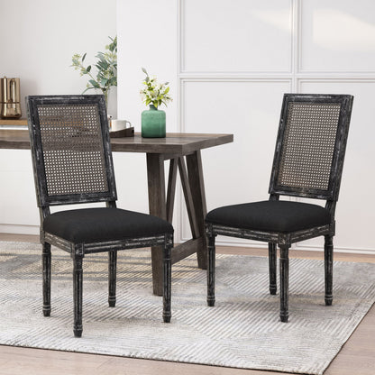 French Country Inspired Dining Chair Set With Cane Backrest - Distressed Light Brown