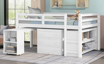 Full Loft Low Study Bed With Cabinet, Shelves And Rolling Portable Desk, Multiple Functions - White