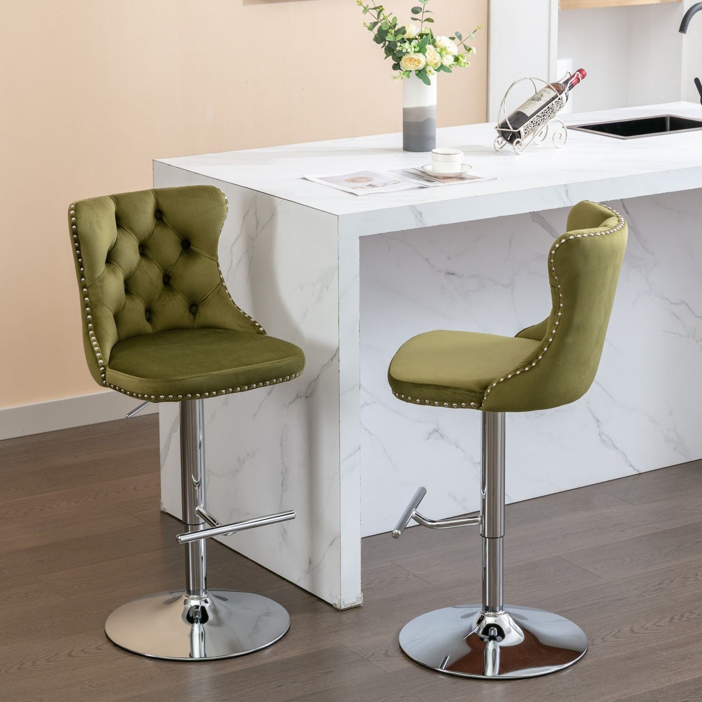 Swivel Velvet Barstools Adjusatble Seat Height From 25-33", Modern Upholstered Chrome Base Bar Stools With Backs Comfortable Tufted For Home Pub And Kitchen Island (Set of 2), 1712Ol - Olive Green