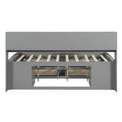 Full Size Daybed With 2 Bedside Cabinets, Upper Shelves And 4 Drawers - Gray