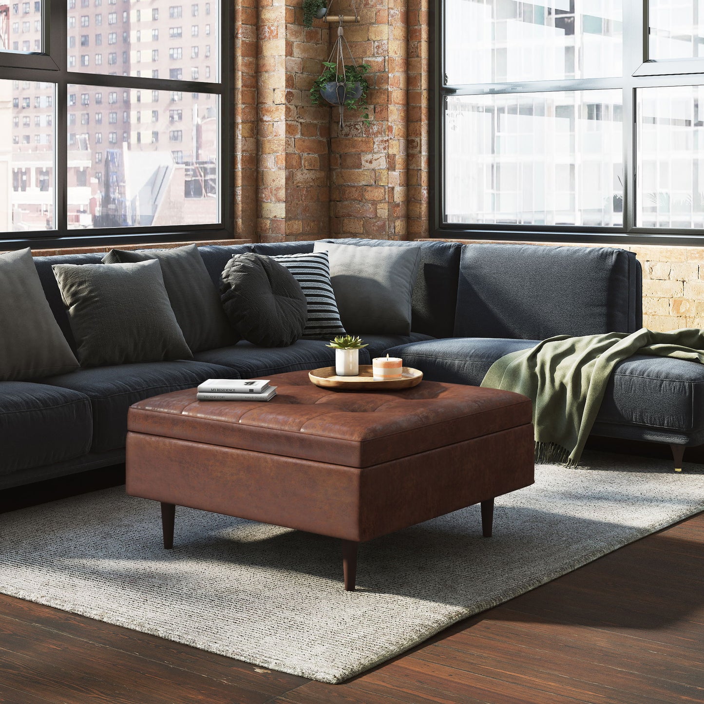 Shay - Mid Century Large Square Coffee Table Storage Ottoman - Distressed Saddle Brown