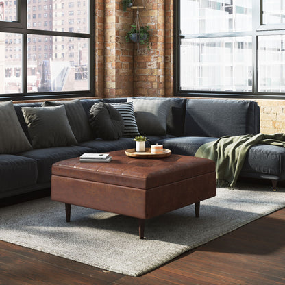 Shay - Mid Century Large Square Coffee Table Storage Ottoman - Distressed Saddle Brown