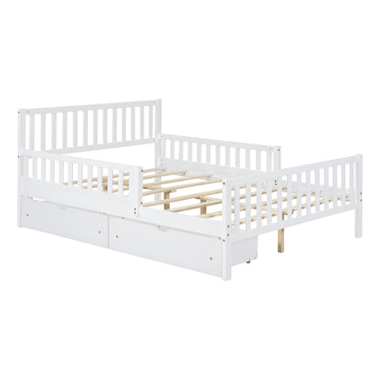 Full Size Platform Bed With Guardrails On Both Sides And 2 Storage Drawers - White