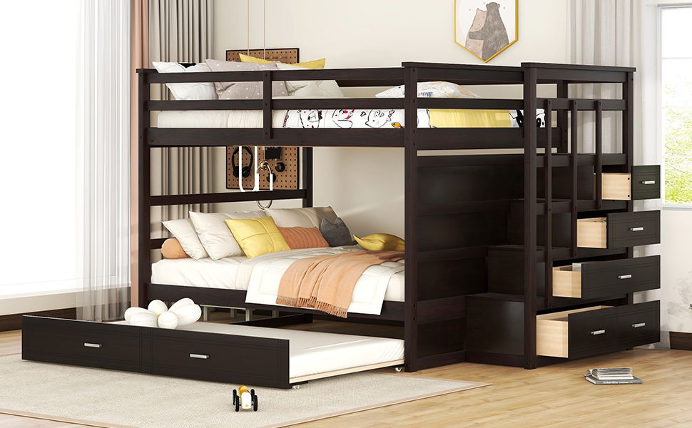 Full Over Full Bunk Bed With Twin Size Trundle And Staircase - Espresso