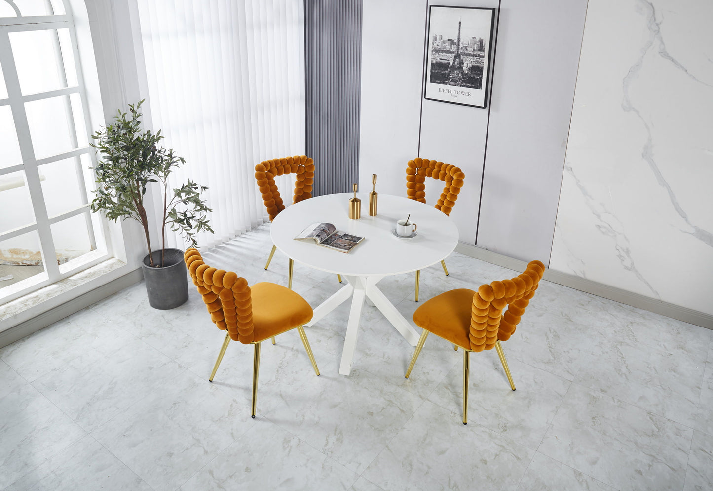 Modern Chair With Iron Tube Legs, Soft Cushions And Comfortable Backrest, Suitable For Dining Room, Living Room, Cafe, Hairball Back (Set of 2) - Orange / Gold