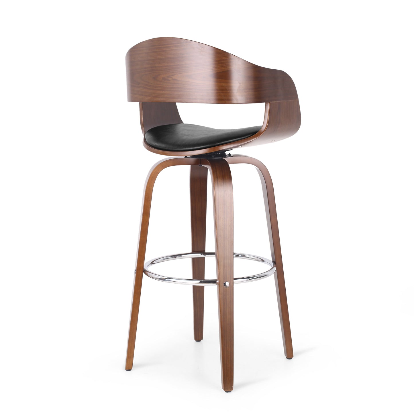 Upholstered Swivel Barstool With Wood Frame / Chrome Footrest - Walnut / Black