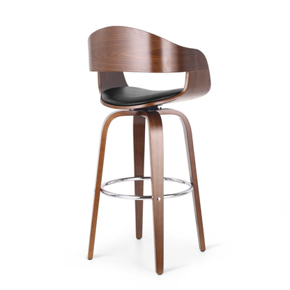 Upholstered Swivel Barstool With Wood Frame / Chrome Footrest - Walnut / Black