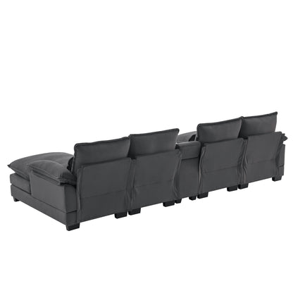 Modern U Shaped Sofa With Console, Cupholders And USB Ports, 6 Seat Upholstered Symmetrical Indoor Furniture, Sleeper Couch Set With Chaise - Gray