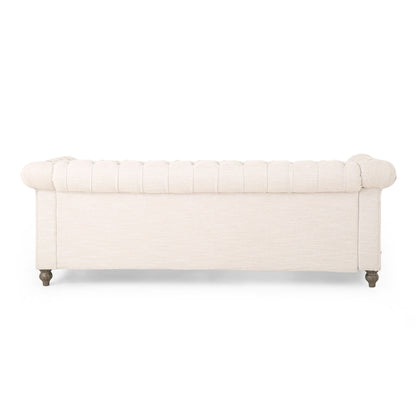 Comfy 3 Seat Sofa With Wooden Legs, Retro Style For Living Room - Beige