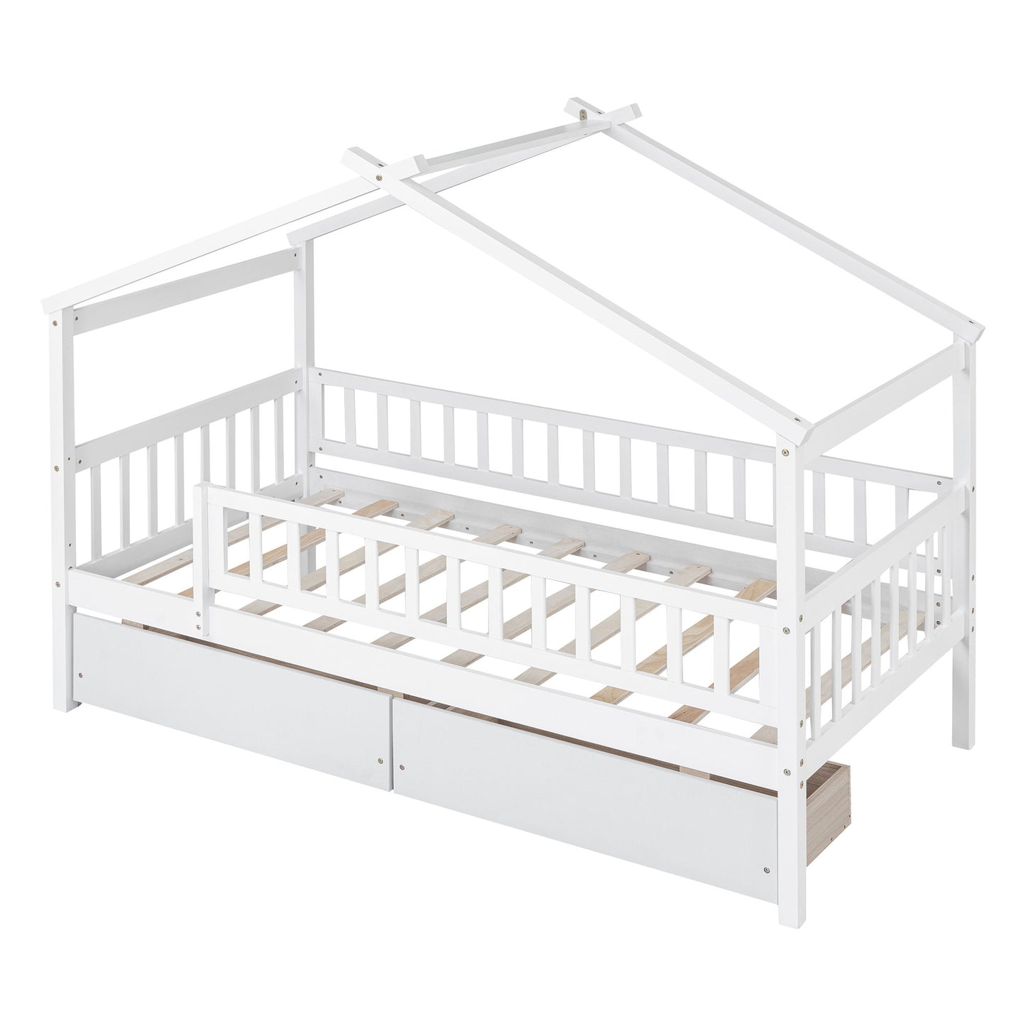 Twin Size House Bed With 2 Drawers - White