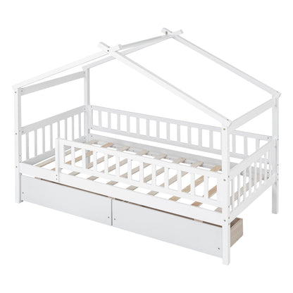 Twin Size House Bed With 2 Drawers - White
