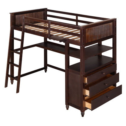 Twin Size Loft Bed With Drawers And Desk, With Shelves - Espresso