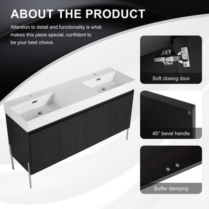Deluxe 60" Freestanding Bathroom Vanity With Resin Double Sink - Dark Oak