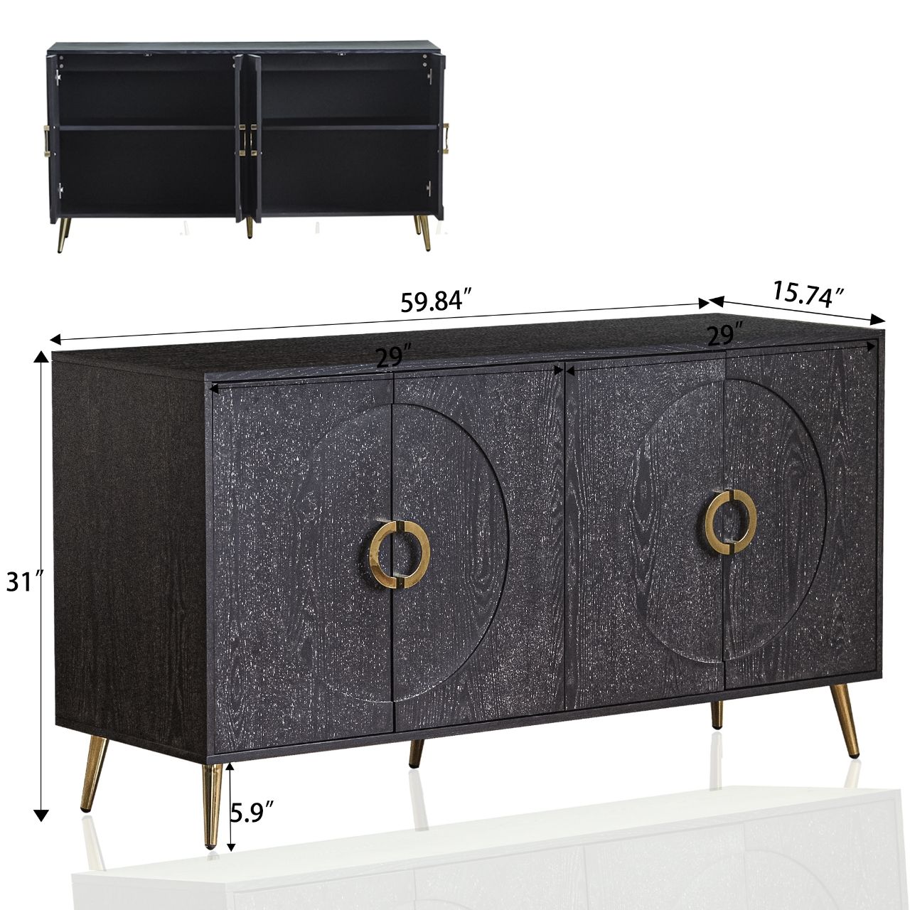 Modern Lacquered 4 Door Wooden Cabinet Sideboard Buffet Server Cabinet Storage Cabinet, For Living Room, Entryway, Hallway, Office, Kitchen And Dining Room - Distressed Black
