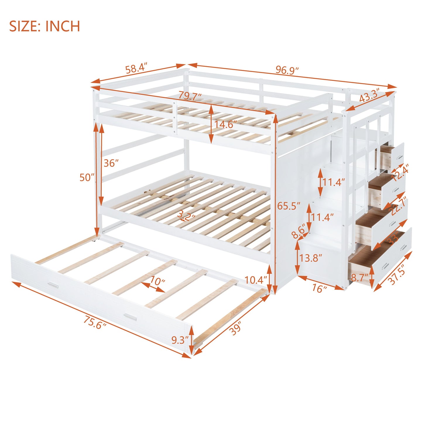 Full Over Full Bunk Bed With Twin Size Trundle And Staircase - White