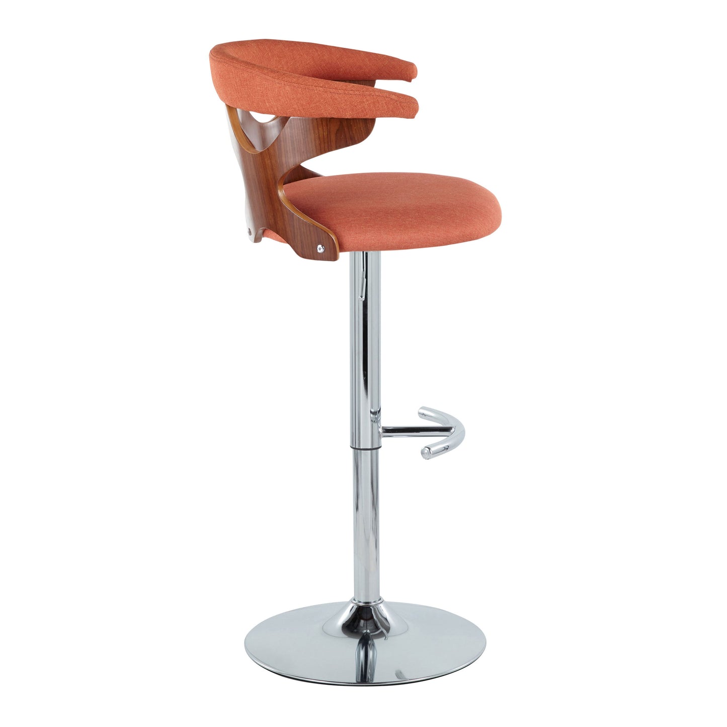 Gardenia - Mid-Century Modern Adjustable Barstool With Swivel With Rounded T Footrest (Set of 3) - Chrome / Walnut / Orange