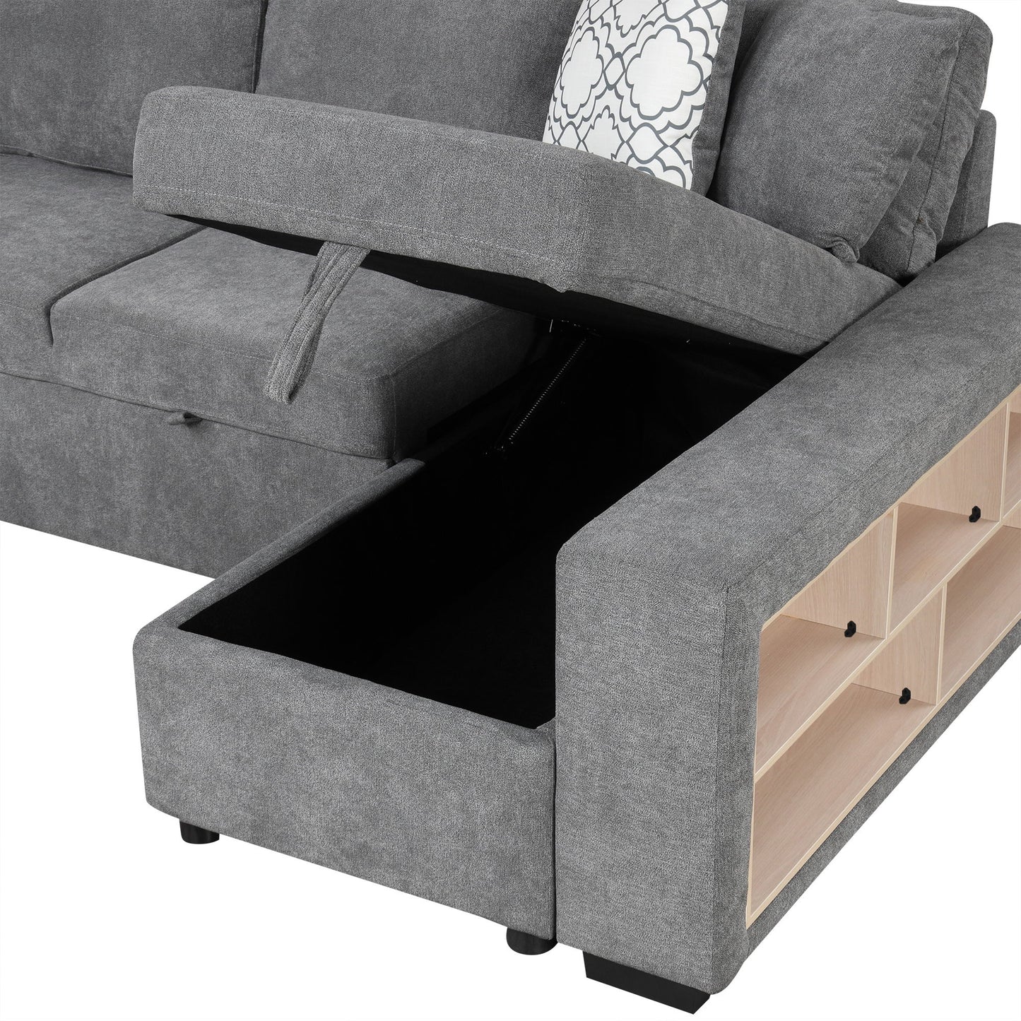 U-Shaped Sectional Sofa Pull-Out Sofa Bed With Two USB Ports, A Storage Chaise Lounge And Four Back Pillows For Living Room - Gray