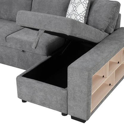 U-Shaped Sectional Sofa Pull-Out Sofa Bed With Two USB Ports, A Storage Chaise Lounge And Four Back Pillows For Living Room - Gray