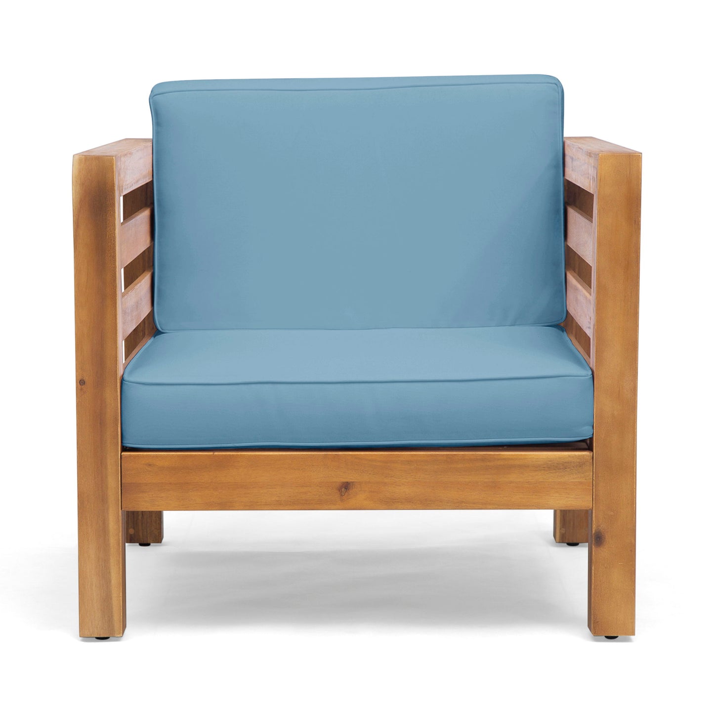 Outdoor Club Chair, Acacia Wood Patio Chair With Fabric Cushion For Backyard, Poolside, Garden Or Porch - Pecan / Blue