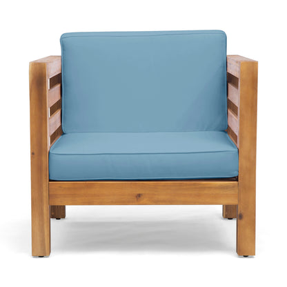 Outdoor Club Chair, Acacia Wood Patio Chair With Fabric Cushion For Backyard, Poolside, Garden Or Porch - Pecan / Blue