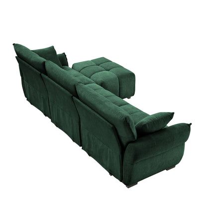 Stylish 3 Seater Sofa Set With Ottoman And Pillows, Textured, High Resilience Cushions - Green
