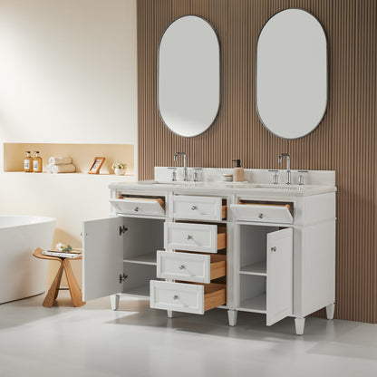 Fully Assembled 60'' Freestanding Double Sinks Bathroom Vanity With Quartz Top - White
