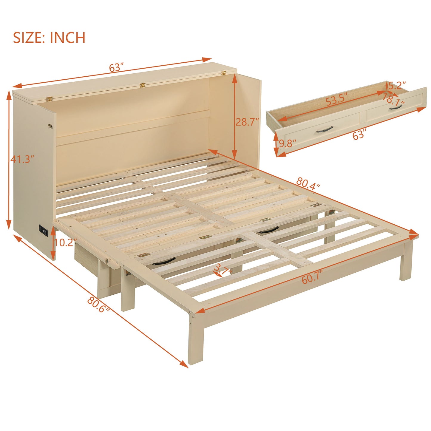 Queen Size Murphy Bed With Large Drawers, Gold