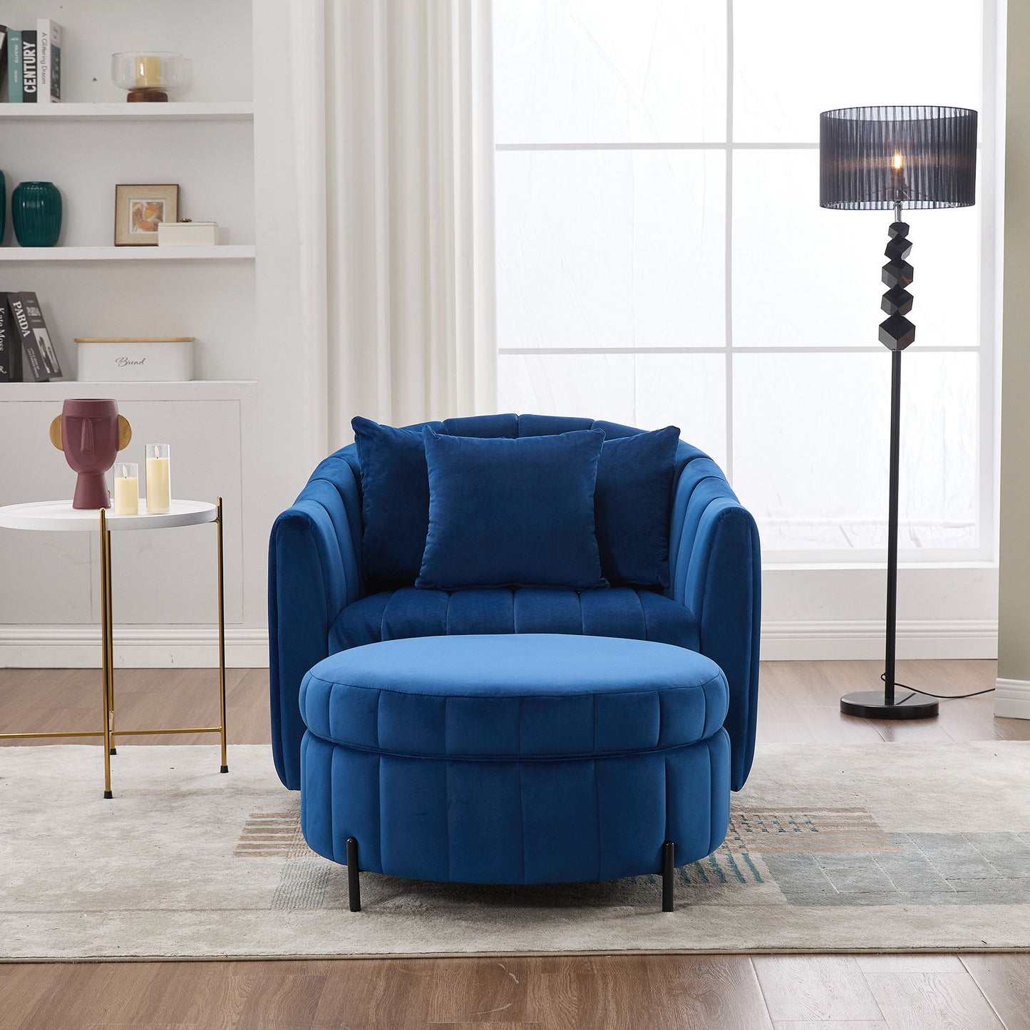 Oversized Swivel Barrel Accent Chair And Ottoman Set With Storage - Navy