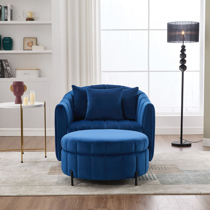 Oversized Swivel Barrel Accent Chair And Ottoman Set With Storage - Navy