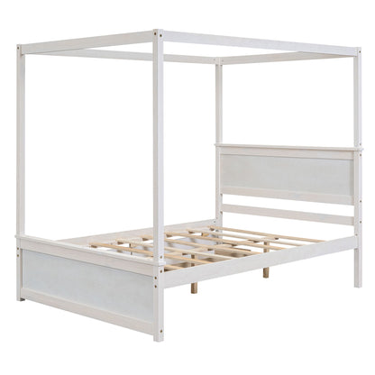 Full Size Canopy Platform Bed 2 Drawers With Support Slats, No Box Spring Needed - Brushed White
