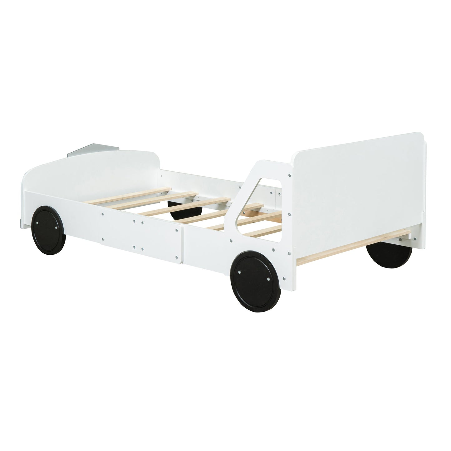 Full Size Car Shaped Platform Bed With Wheels - White