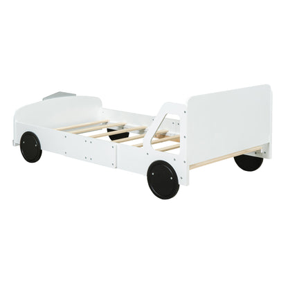Full Size Car Shaped Platform Bed With Wheels - White