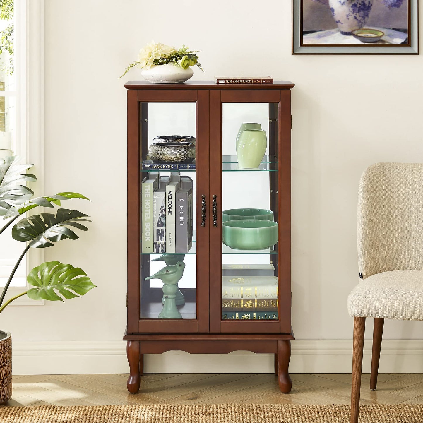 Curio Cabinet Lighted Curio Diapaly Cabinet With Adjustable Shelves And Mirrored Back Panel, Tempered Glass Doors (3 Tier), (E26 Light Bulb Not Included) - Walnut