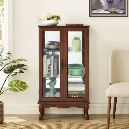 Curio Cabinet Lighted Curio Diapaly Cabinet With Adjustable Shelves And Mirrored Back Panel, Tempered Glass Doors (3 Tier), (E26 Light Bulb Not Included) - Walnut