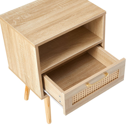 15.75" Rattan End Table With Drawer And Solid Wood Legs, Modern Nightstand, Side Table For Living Room, Bedroom - Natural